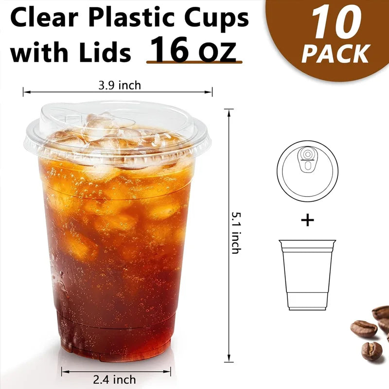 Clear Plastic Cups with Lids 10 Pack, 16 oz Disposable Cups for Iced Coffee Bubble Tea, Durable & Leak-Proof
