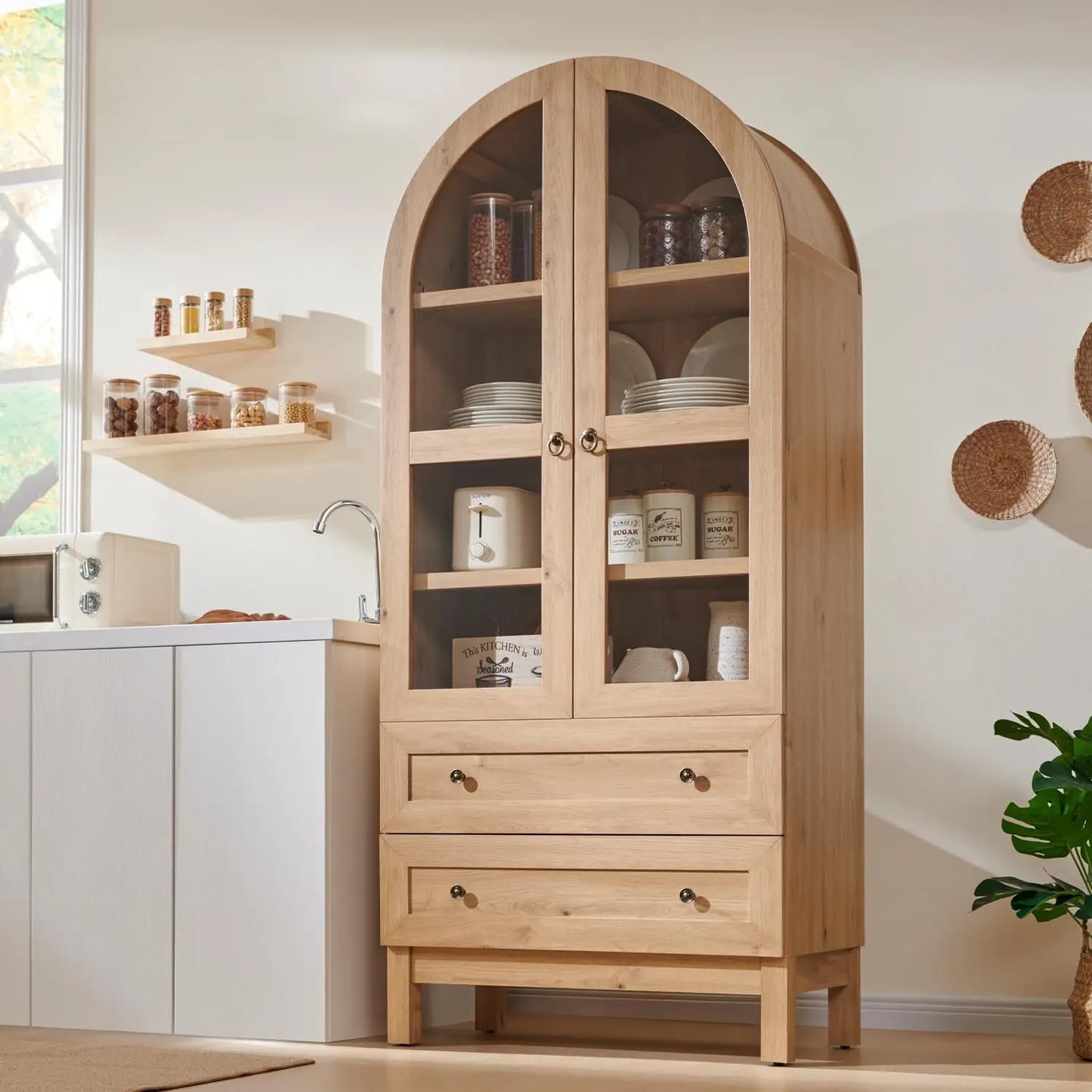 71" Tall Arched Kitchen Pantry Cabinet, Wood Kitchens Storage Cabinets with 2 Large Drawers and Adjustable Shelves