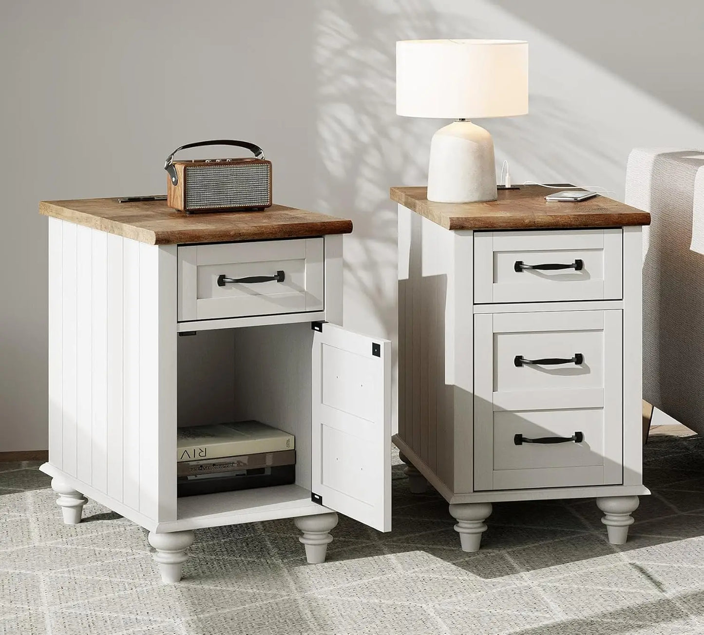 Tall Nightstands with Charging Station Set of 2, Wooden Night Stand with Drawer & Cabinet, Elegant Bedside Table, Customized