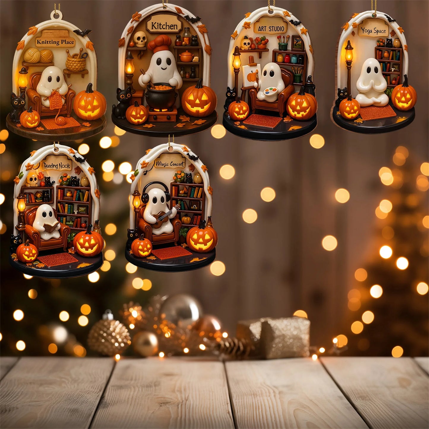 Spooky Halloween Ghosts Ornaments 6 Piece Set - Adorable Flat Hanging Decorations for Home Tree and Holiday Season