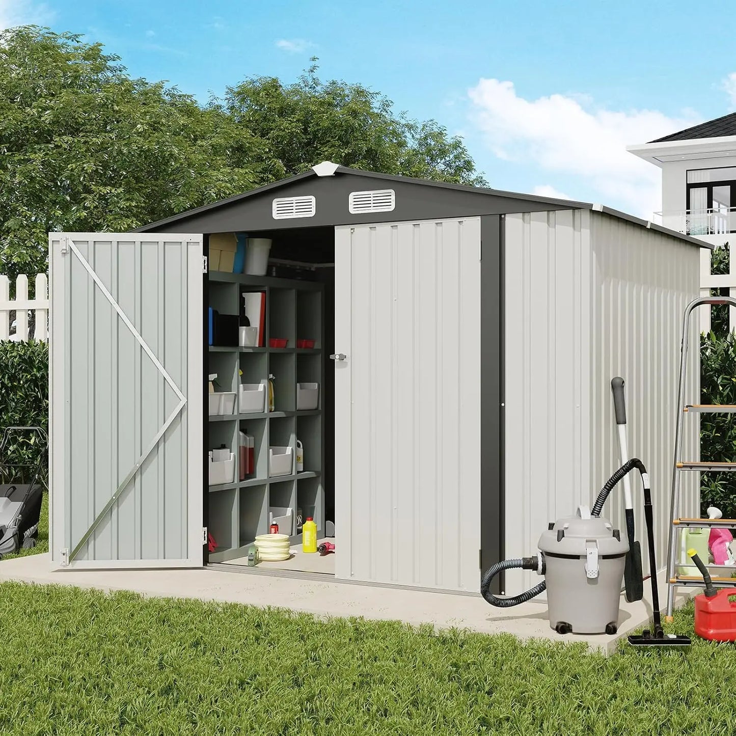 8'x6' Outdoor Storage Shed, Galvanized Metal Steel Garden Shed with Upgrade Window, Double Door W/Lock, Bike, Customized