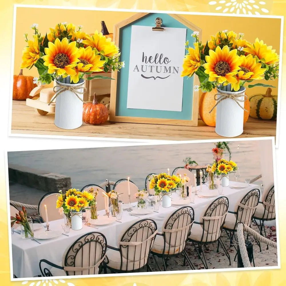 Sunflowers Centerpieces Artificial Vase Rustic Faux Flower Home Spring Kitchen Decor (White)