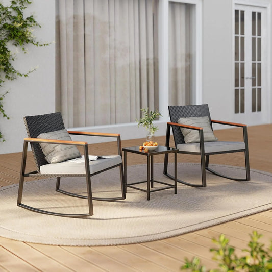 3 Pieces Rocking Patio Bistro Set with Anti-Scald Armrest, Outdoor Patio Wicker Furniture Set with Glass Table and Cushio