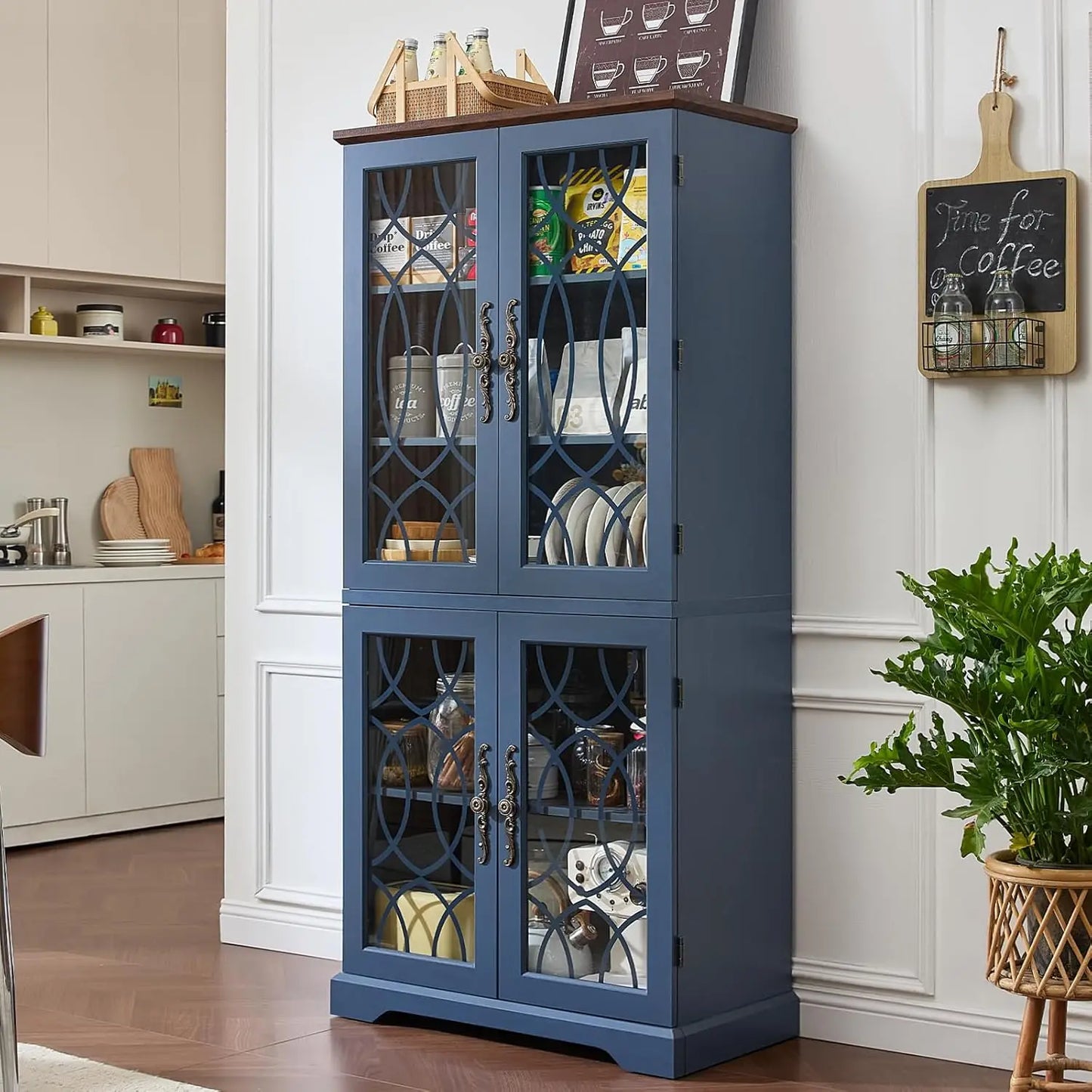 Vintage Wood Pantry Cabinet Set of 2 67 Inch Tall Kitchen Storage with Glass Doors And Adjustable Shelves Customizable