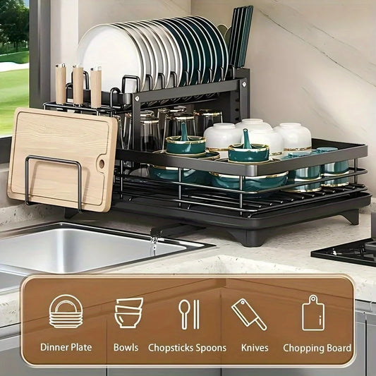 Double-tier extendable dish drainer, suitable for kitchen worktops as a large-capacity utensil rack and draining board.