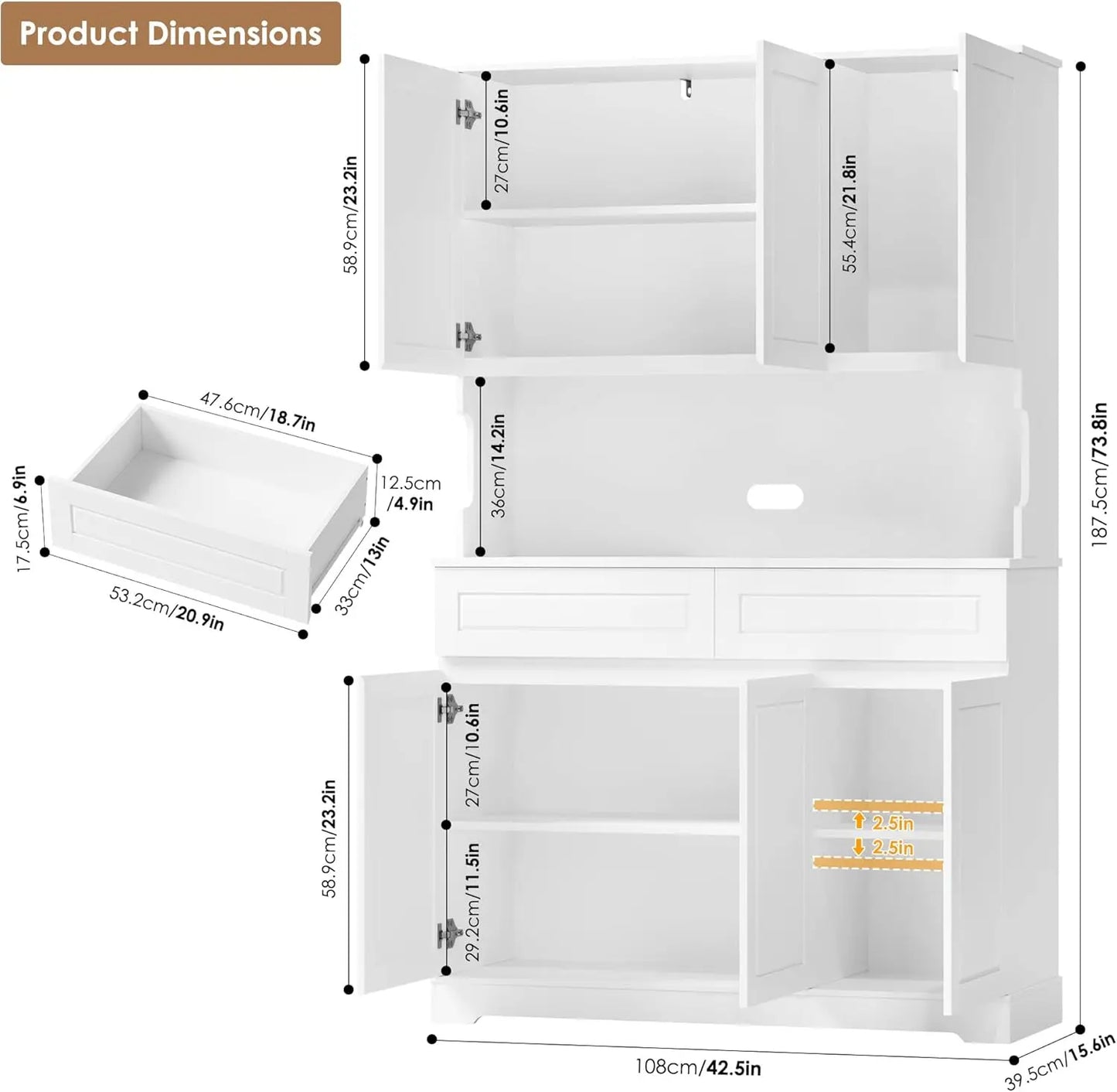 74" Pantry Cabinet, Tall Kitchen Pantry Cabinet with 6 Doors and 2 Drawers, Kitchen Hutch with Wide Countertop