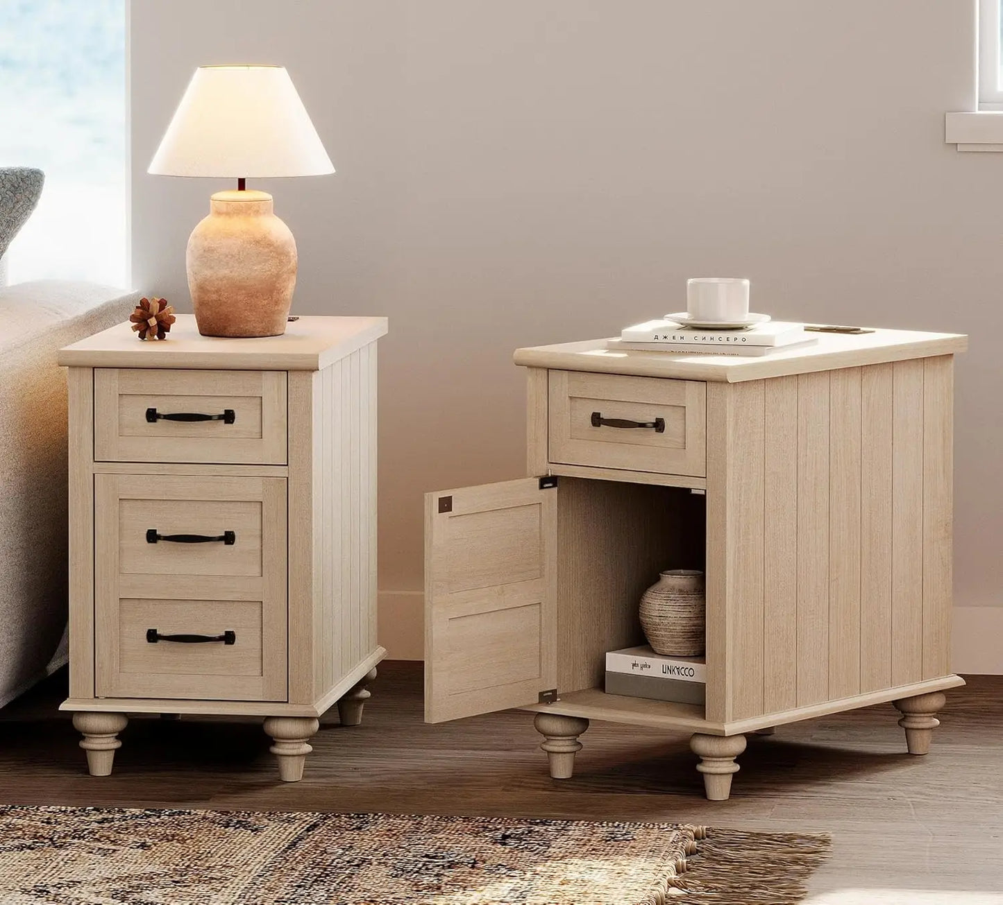 Tall Nightstands with Charging Station Set of 2, Wooden Night Stand with Drawer & Cabinet, Elegant Bedside Table, Customized