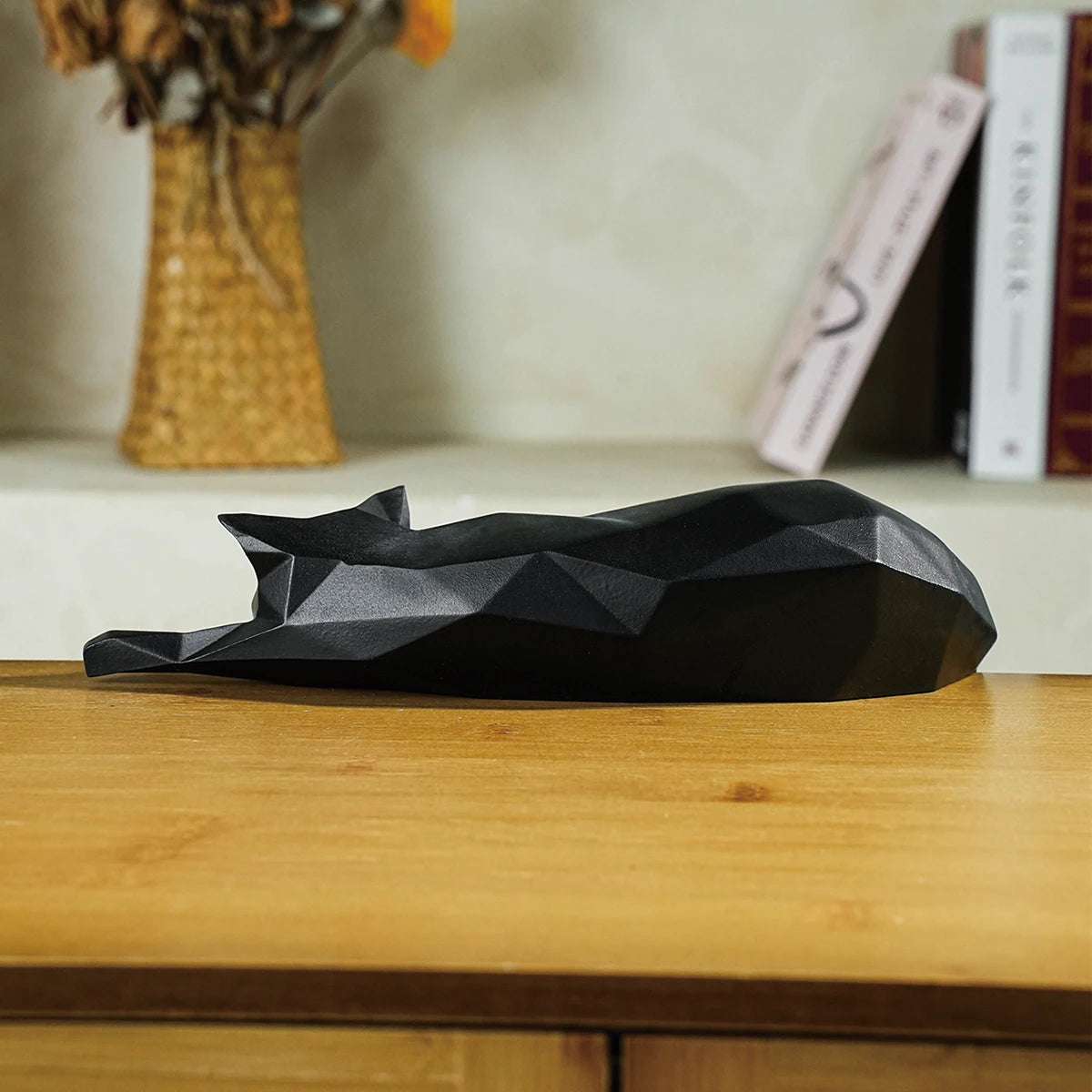 White Black Cat Statue - Geometric Modern Room Decor Figurine Sculpture for Home Office as Table Shelf Desk Decor  Lying Cat