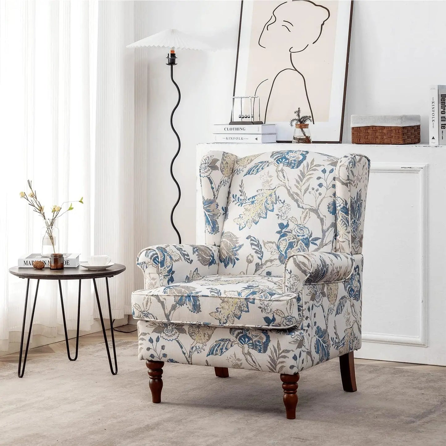 Floral Accent Chair,High Back Upholstered Armchair with Solid Legs,Leisure Single Sofa Chair for Living Room,Bedroom,Home Office