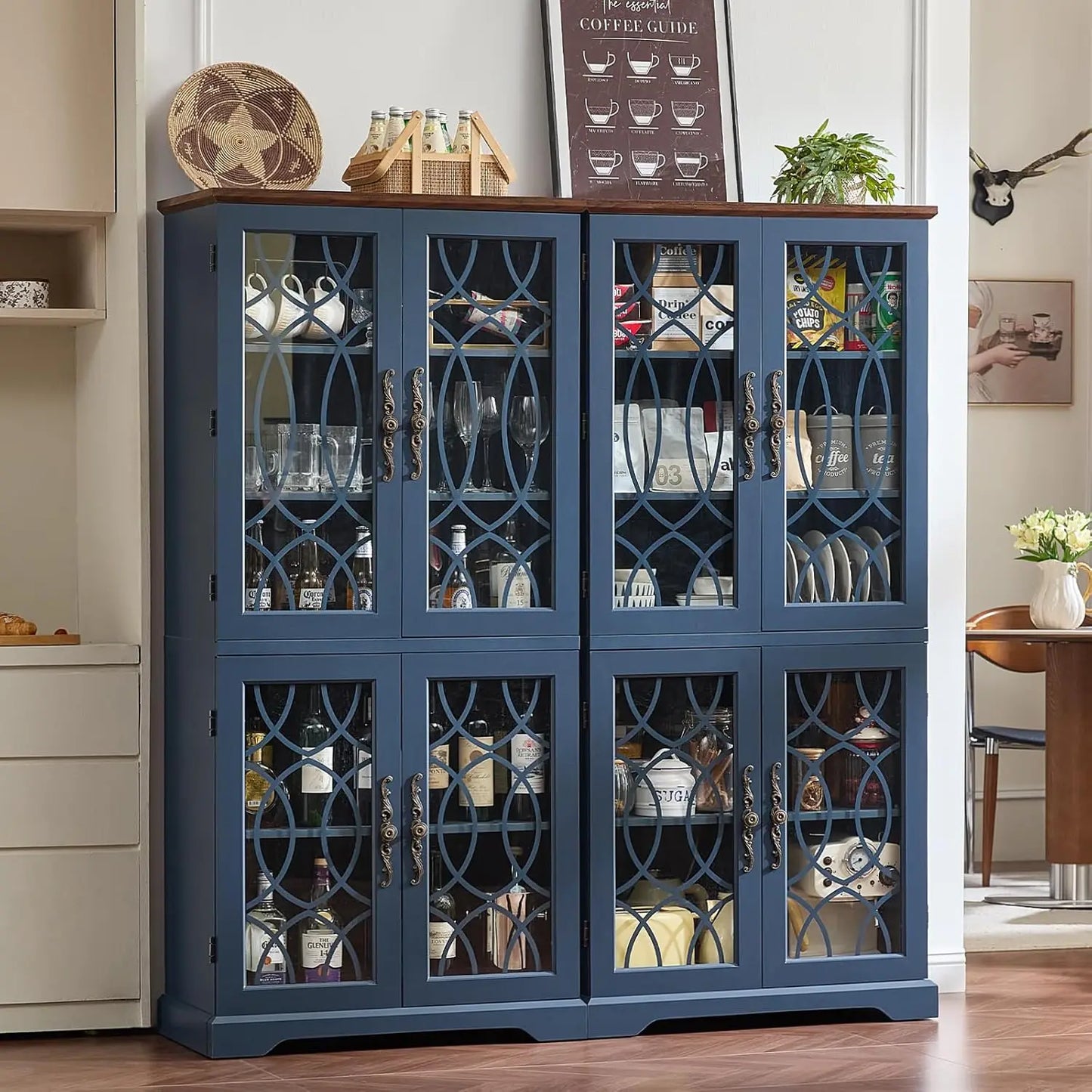 Vintage Wood Pantry Cabinet Set of 2 67 Inch Tall Kitchen Storage with Glass Doors And Adjustable Shelves Customizable
