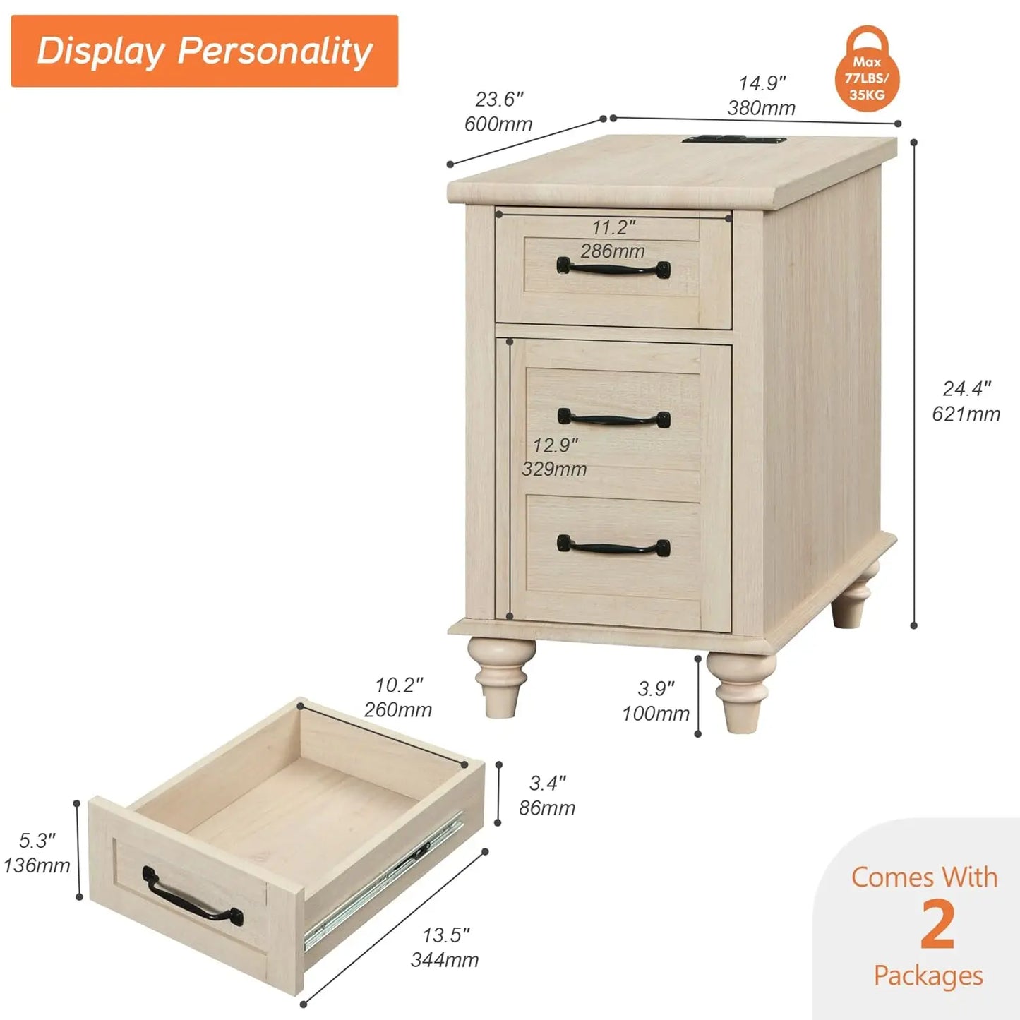 Tall Nightstands with Charging Station Set of 2, Wooden Night Stand with Drawer & Cabinet, Elegant Bedside Table, Customized