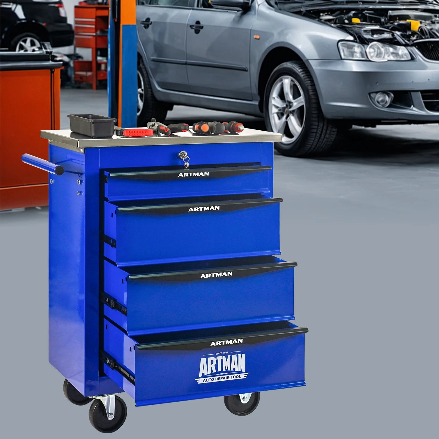 4-drawer wheeled toolbox trolley, tool cabinet, tool storage cabinet with lock and key, suitable for workshops, garages,blue