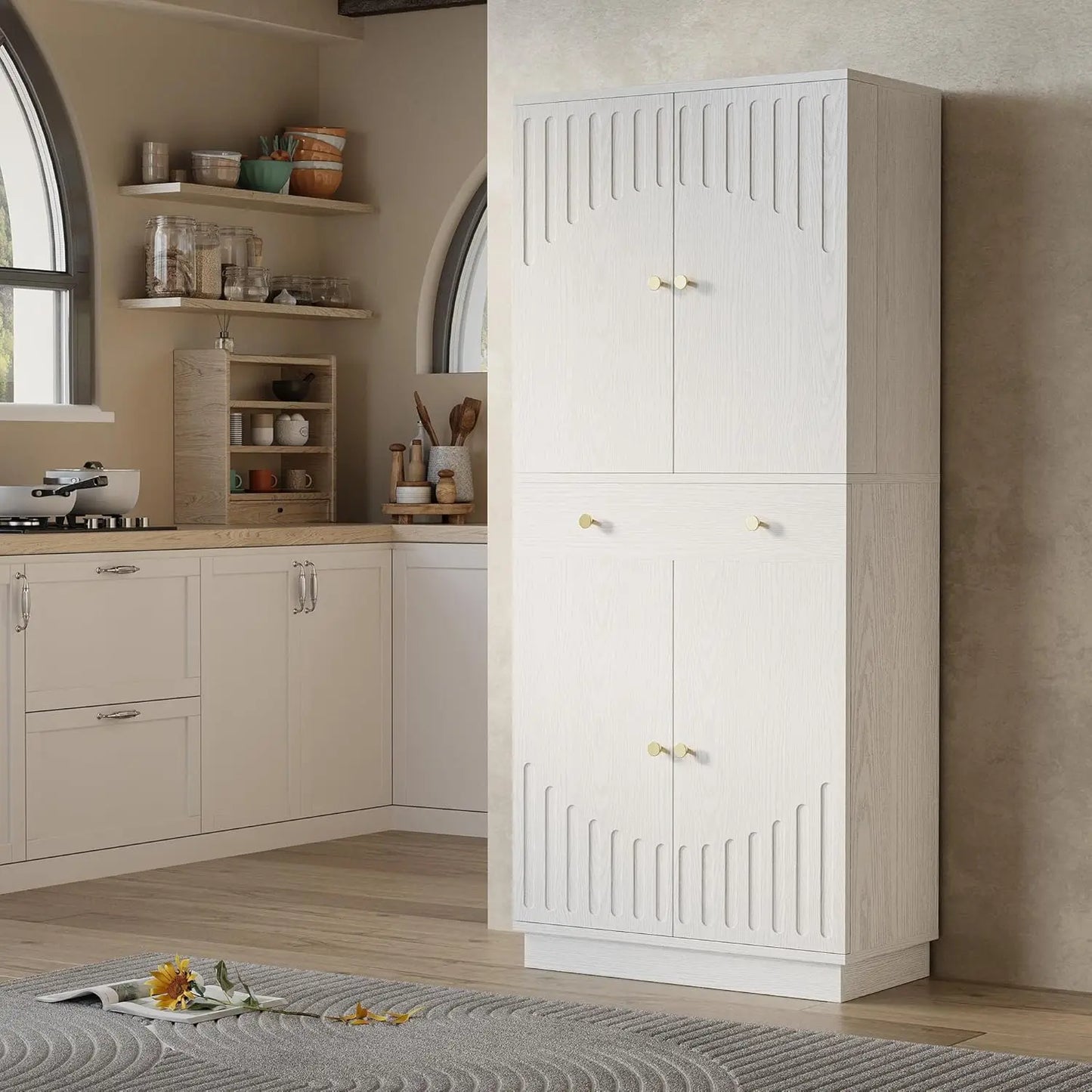 72”Tall Kitchen Pantry Cabinet, Farmhouse Pantry with 2 Pull Doors and Drawer Organizing Board Storage for Home, Customized