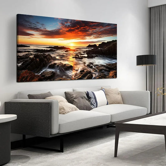 Large Natural Landscape Canvas Wall Art for Living Room, View of Ocean Sunset Panorama Wall-Decor Picture,59x29 Inches