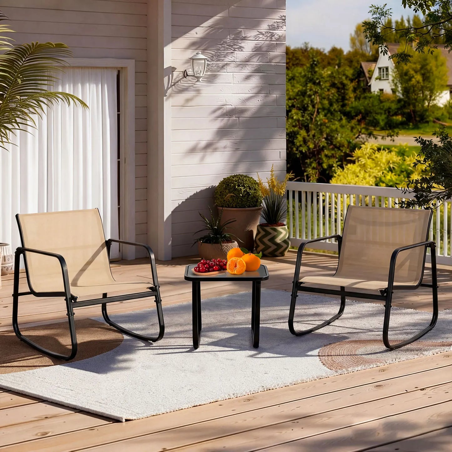 JHK 3 Piece Patio Rocking Furniture Set with Table Outdoor Metal Frame Lumbar Support Mesh Backrest Sectional Balcony Sets