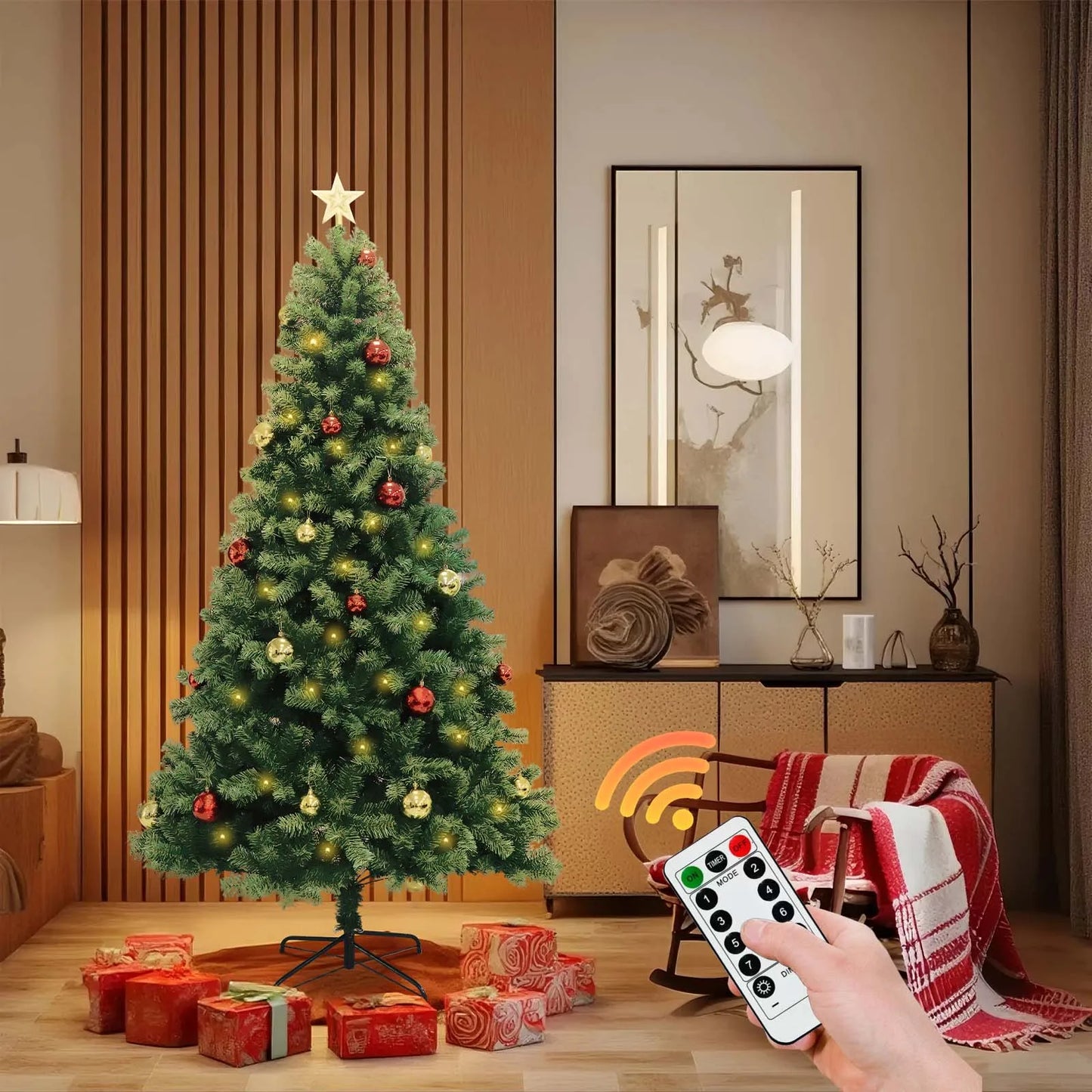 6-7ft Christmas Tree, Artificial Hinged Xmas Tree With LED Lights, 8 Lighting Modes for Home Christmas Decoration
