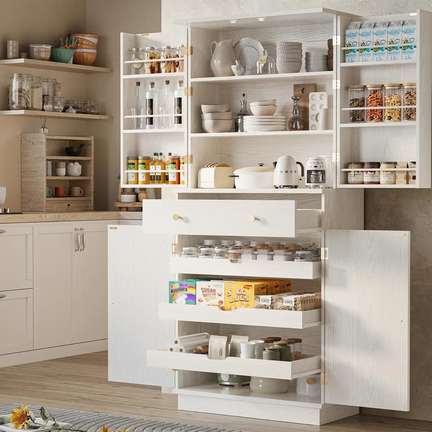 72”Tall Kitchen Pantry Cabinet, Farmhouse Pantry with 2 Pull Doors and Drawer Organizing Board Storage for Home, Customized