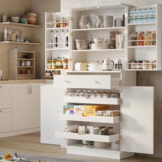 72”Tall Kitchen Pantry Cabinet, Farmhouse Pantry with 2 Pull Doors and Drawer Organizing Board Storage for Home, Customized