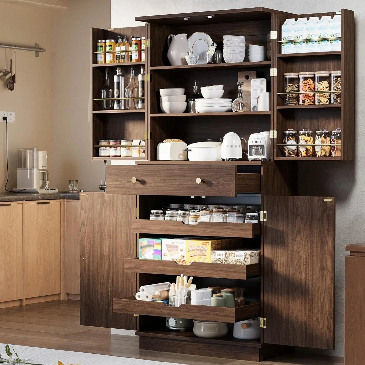 72”Tall Kitchen Pantry Cabinet, Farmhouse Pantry with 2 Pull Doors and Drawer Organizing Board Storage for Home, Customized