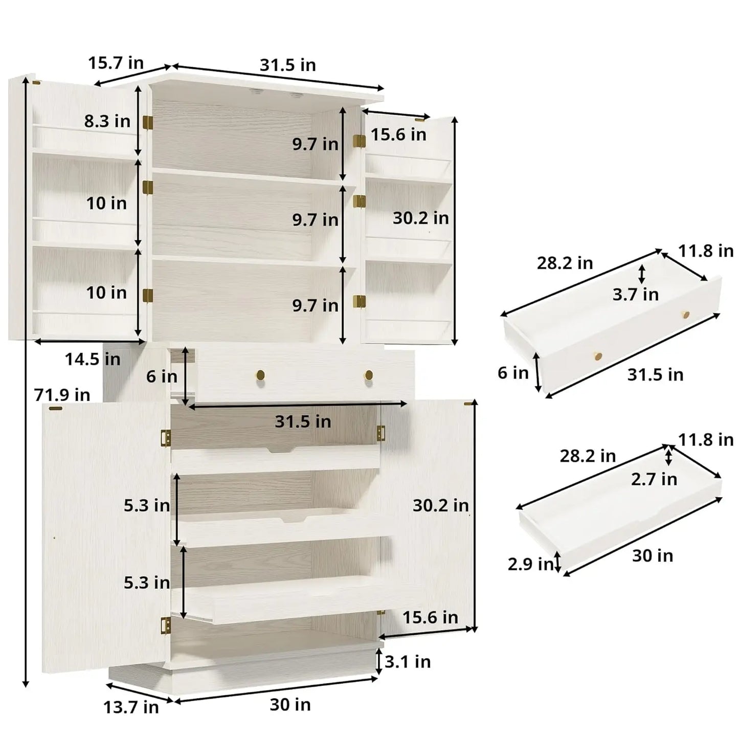 72”Tall Kitchen Pantry Cabinet, Farmhouse Pantry with 2 Pull Doors and Drawer Organizing Board Storage for Home, Customized