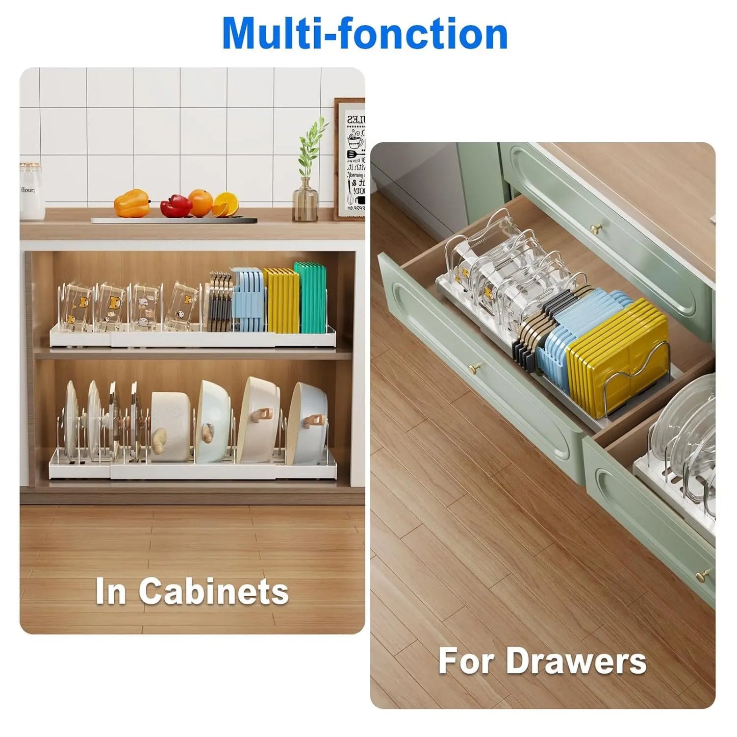 2 Pack 22'' Expandable Pot And Pan Organizer with 9 Adjustable Dividers White under Cabinet Storage Pot Lid Holders for Kitchen