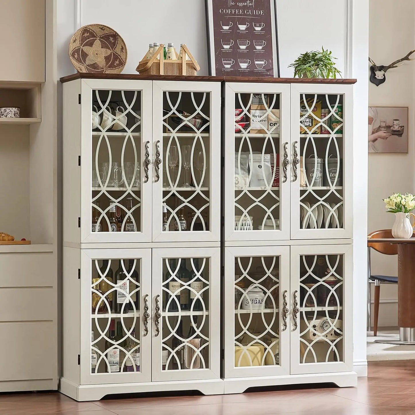 Vintage Wood Pantry Cabinet Set of 2 67 Inch Tall Kitchen Storage with Glass Doors And Adjustable Shelves Customizable