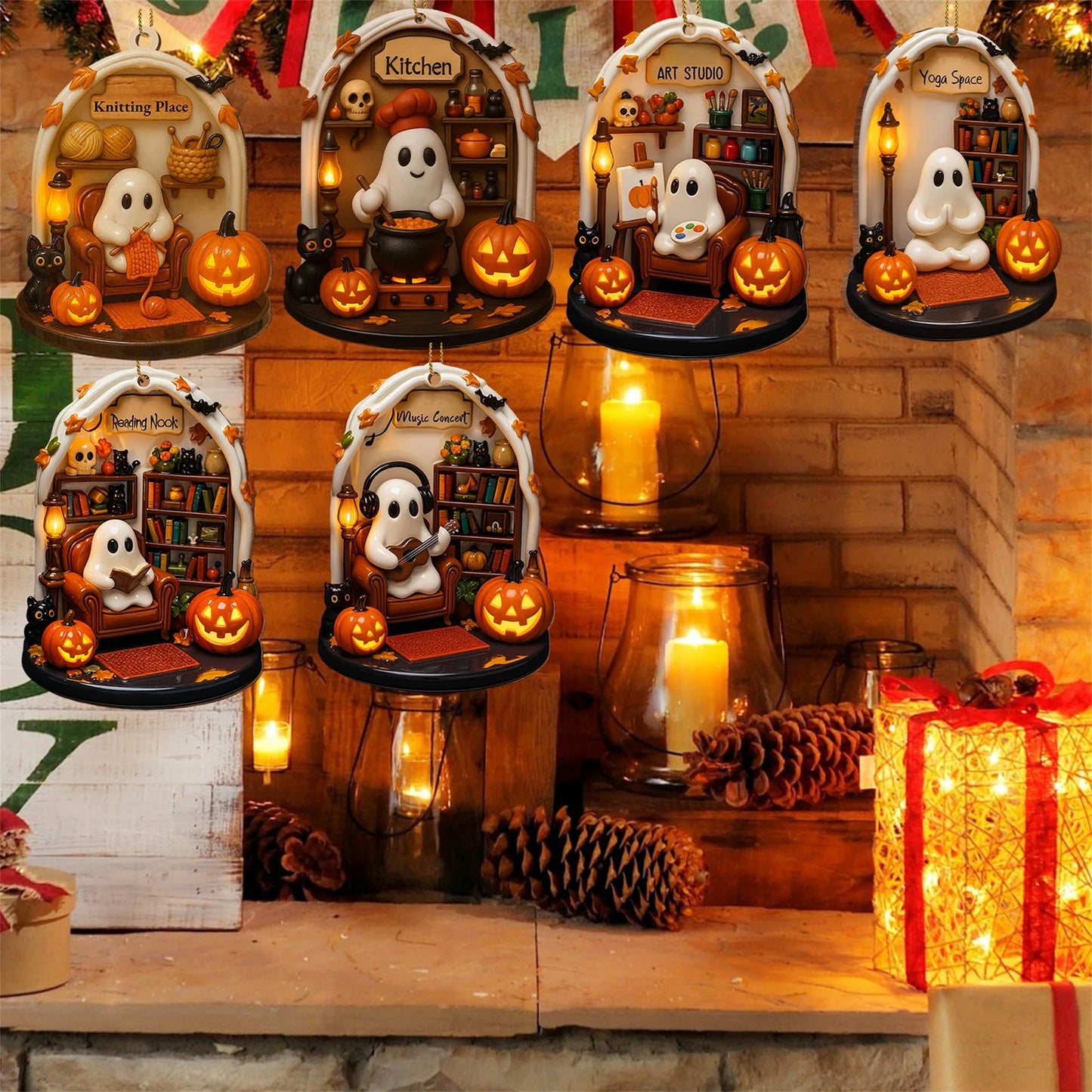 Spooky Halloween Ghosts Ornaments 6 Piece Set - Adorable Flat Hanging Decorations for Home Tree and Holiday Season