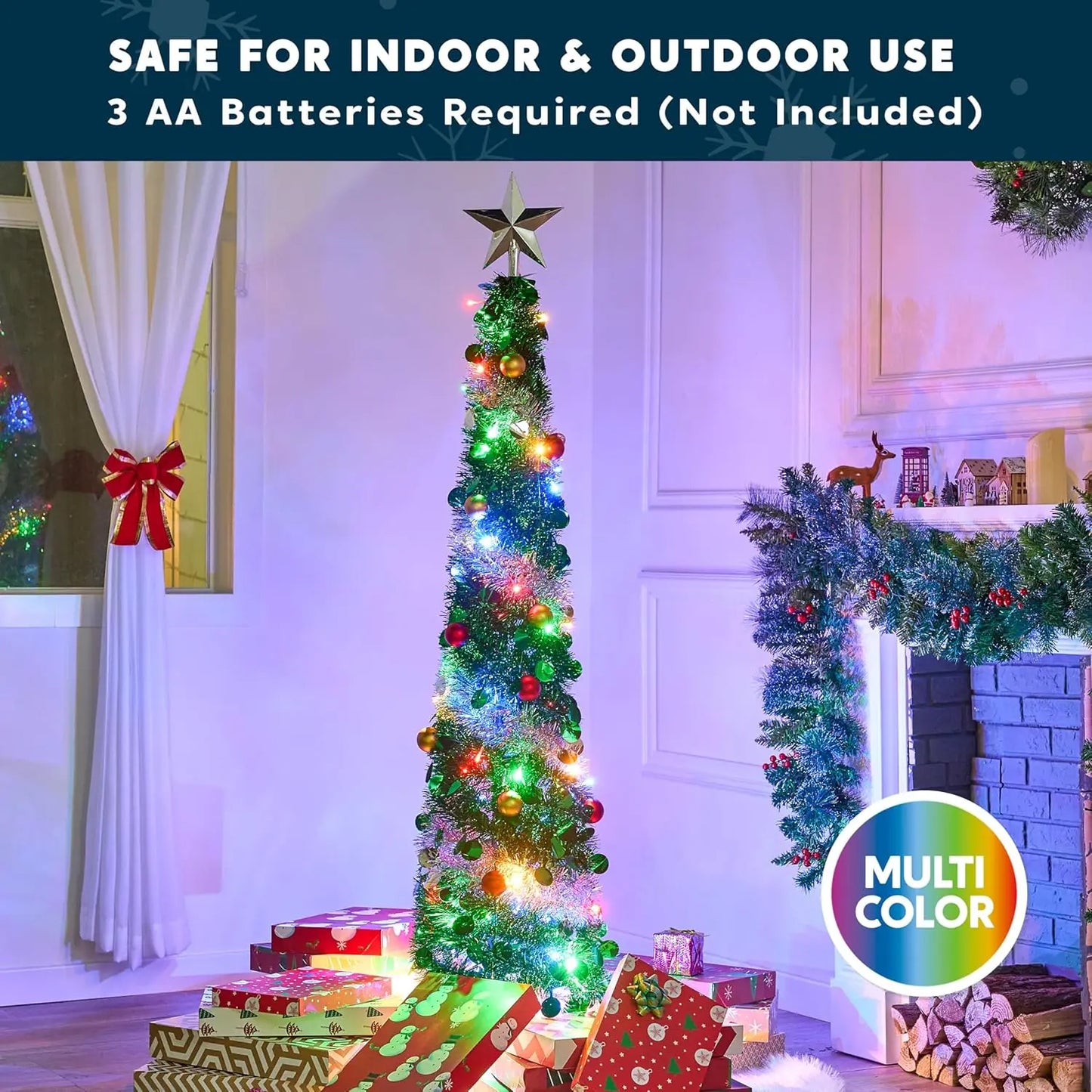 JOYFY 5 FT Pop Up Christmas Green Tree with Lights Collapsible Tinsel Christmas Tree Decorations for Home Holiday Party