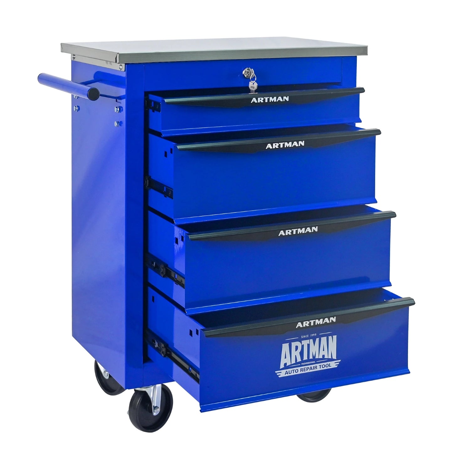 4-drawer wheeled toolbox trolley, tool cabinet, tool storage cabinet with lock and key, suitable for workshops, garages,blue