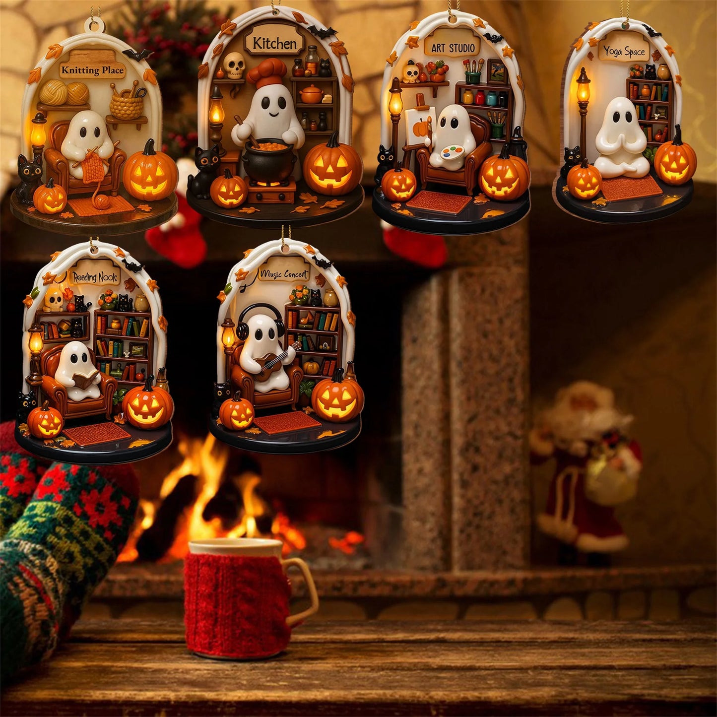 Spooky Halloween Ghosts Ornaments 6 Piece Set - Adorable Flat Hanging Decorations for Home Tree and Holiday Season