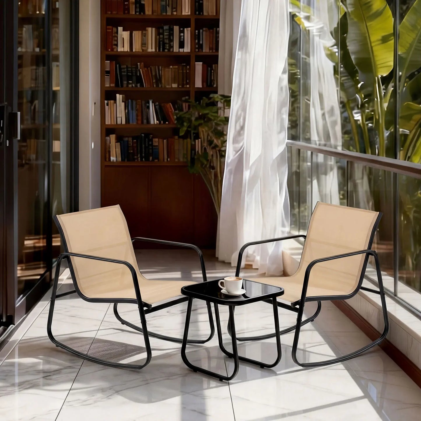 JHK 3 Piece Patio Rocking Furniture Set with Table Outdoor Metal Frame Lumbar Support Mesh Backrest Sectional Balcony Sets