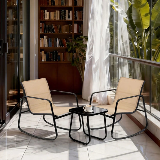 JHK 3 Piece Patio Rocking Furniture Set with Table Outdoor Metal Frame Lumbar Support Mesh Backrest Sectional Balcony Sets