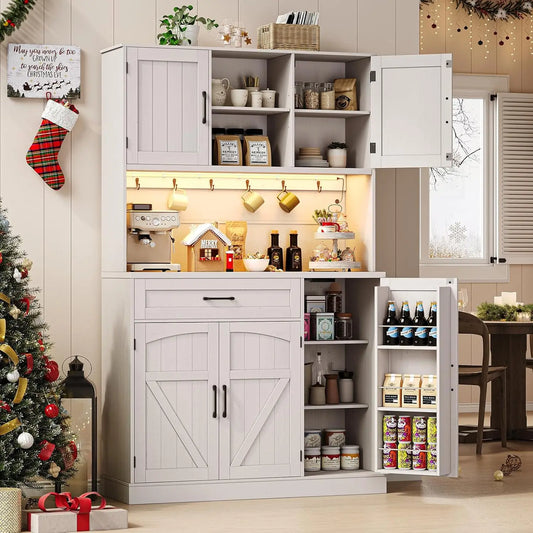 71" Pantry Cabinet, Kitchen Pantry Storage Cabinet with LED Light & Outlet, Kitchen Hutch with Microwave Shelf , Customized