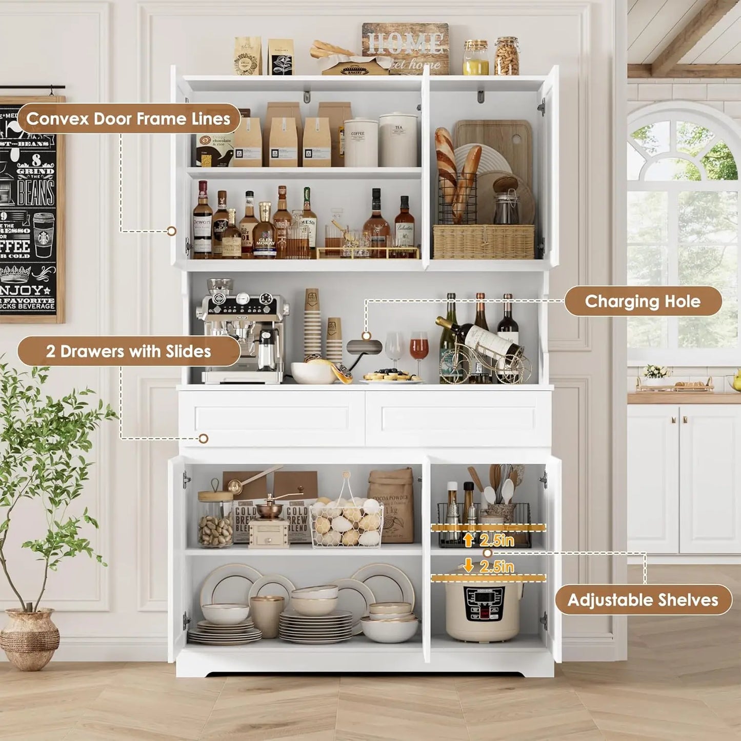 74" Pantry Cabinet, Tall Kitchen Pantry Cabinet with 6 Doors and 2 Drawers, Kitchen Hutch with Wide Countertop