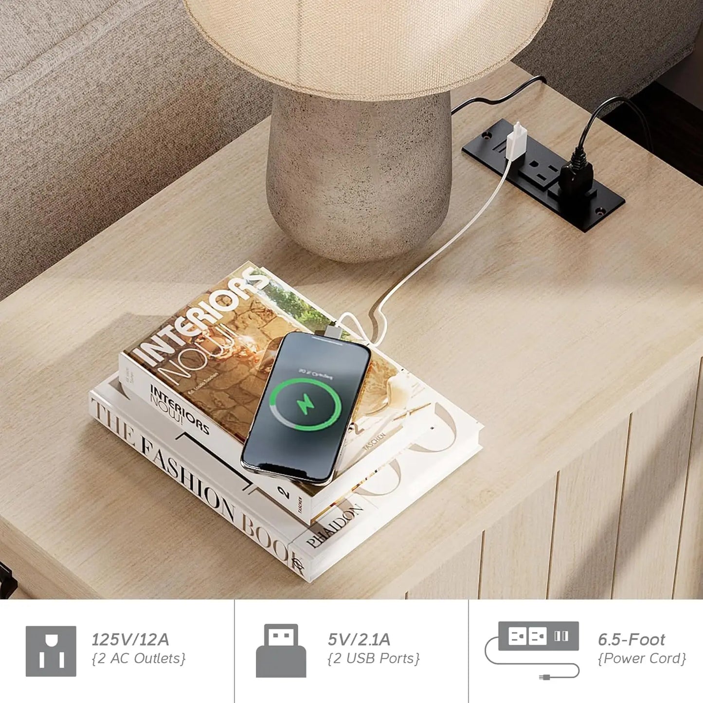 Tall Nightstands with Charging Station Set of 2, Wooden Night Stand with Drawer & Cabinet, Elegant Bedside Table, Customized