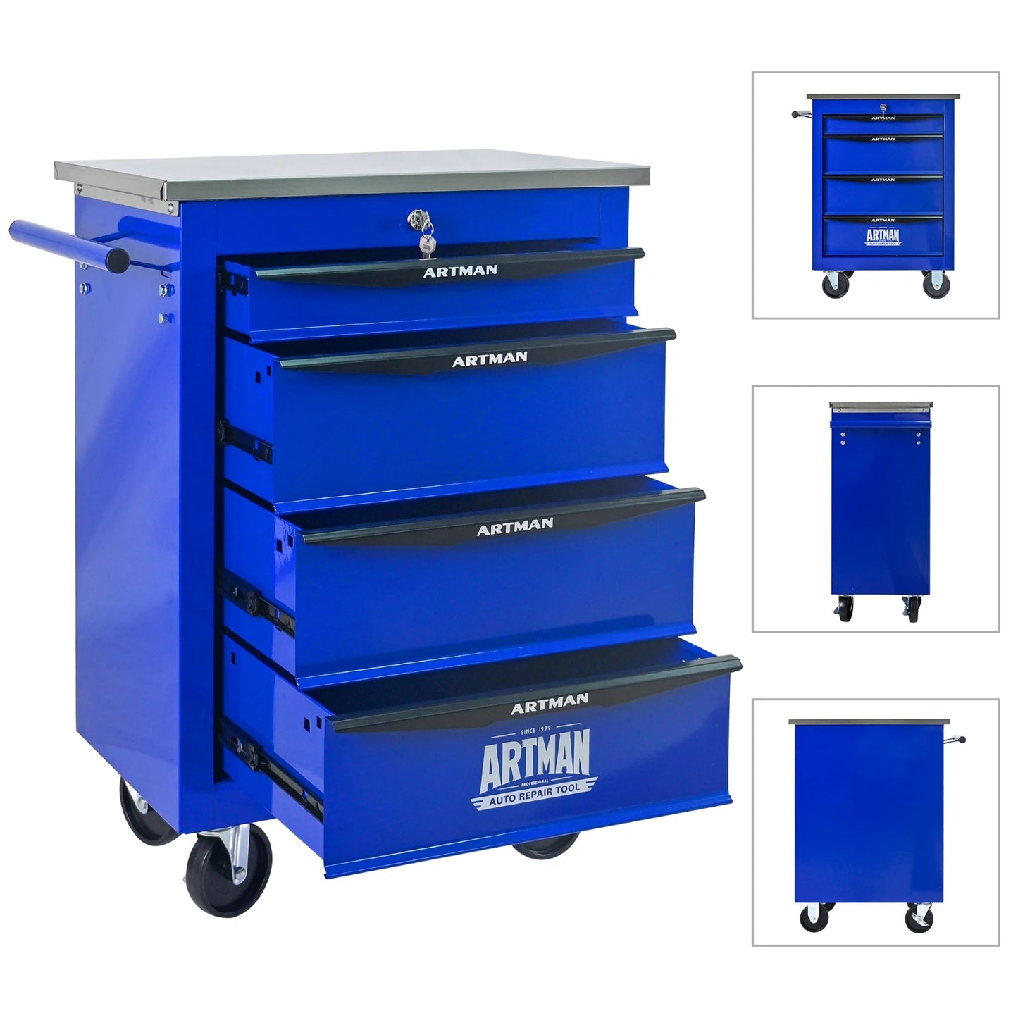 4-drawer wheeled toolbox trolley, tool cabinet, tool storage cabinet with lock and key, suitable for workshops, garages,blue