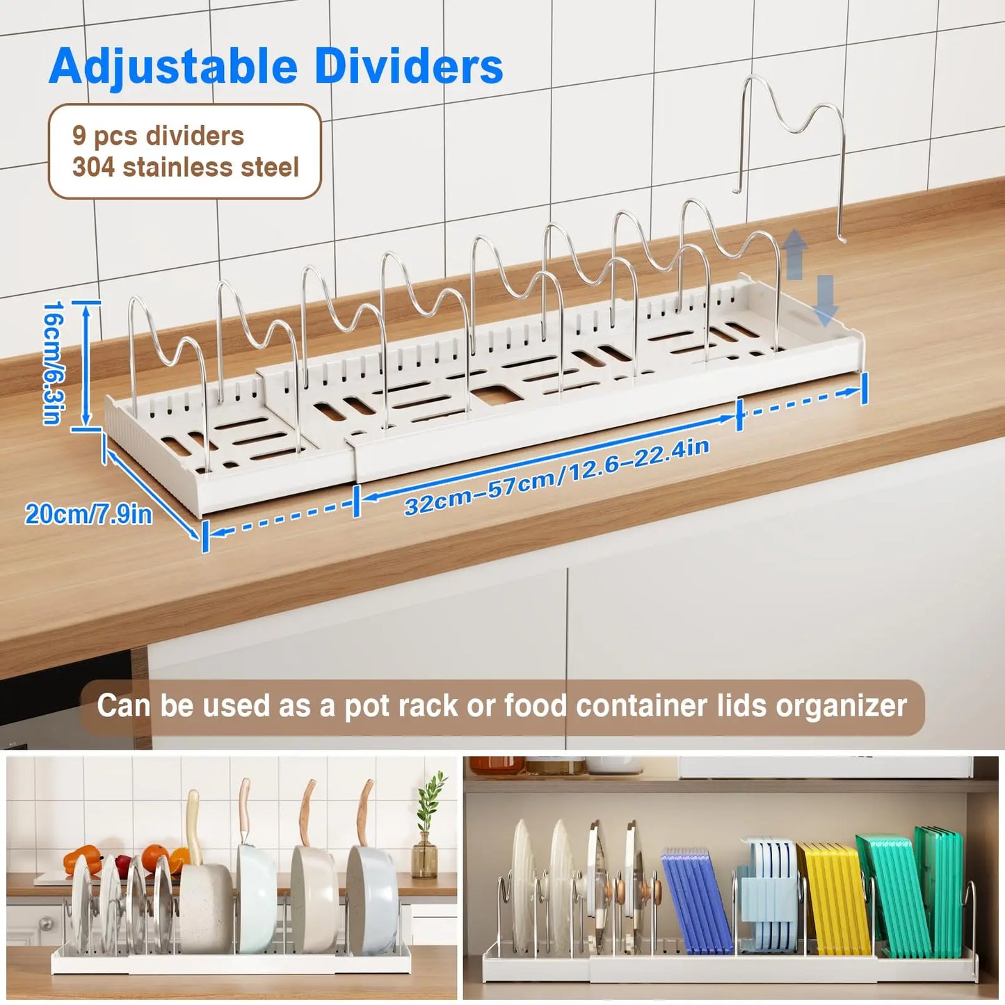 2 Pack 22'' Expandable Pot And Pan Organizer with 9 Adjustable Dividers White under Cabinet Storage Pot Lid Holders for Kitchen