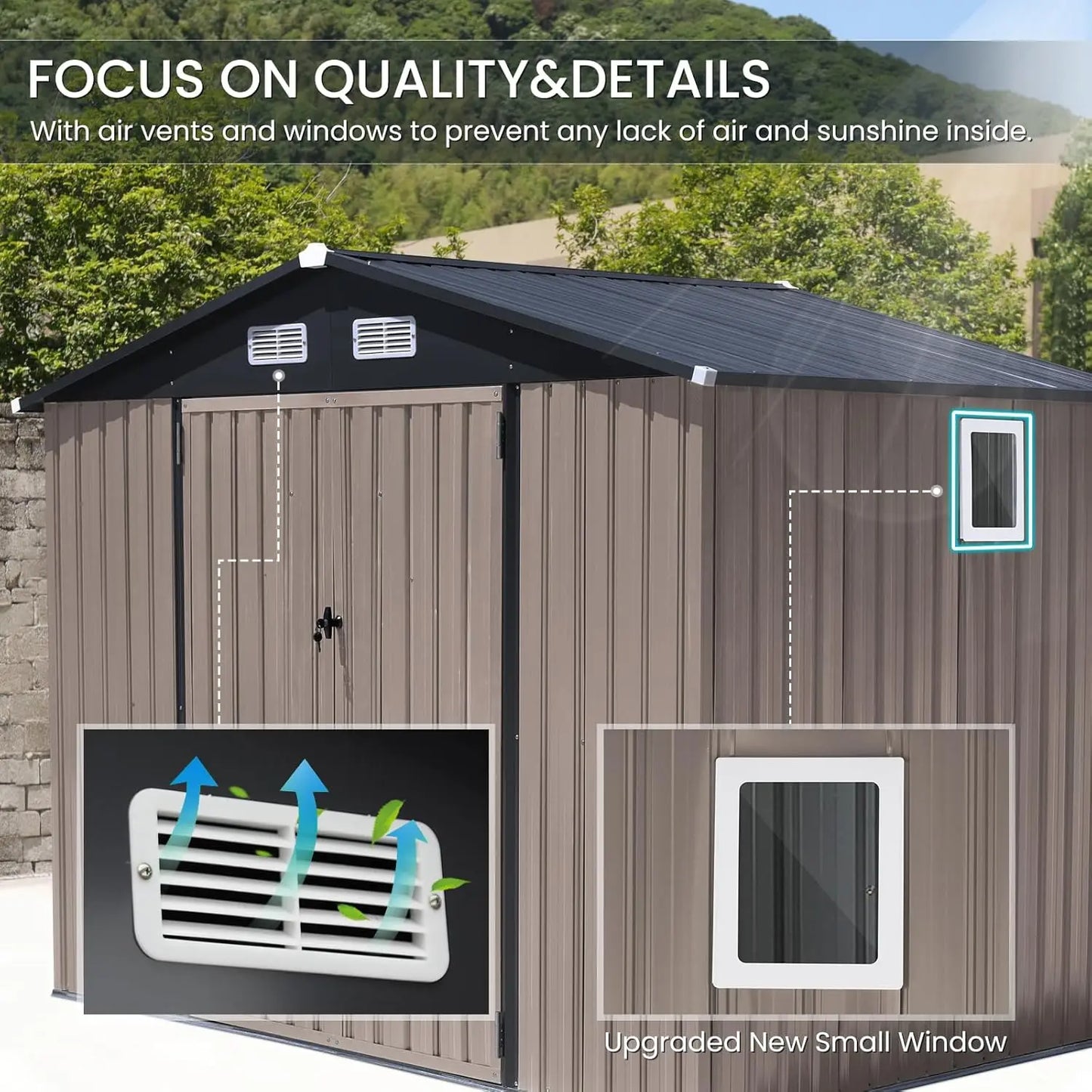 8'x6' Outdoor Storage Shed, Galvanized Metal Steel Garden Shed with Upgrade Window, Double Door W/Lock, Bike, Customized