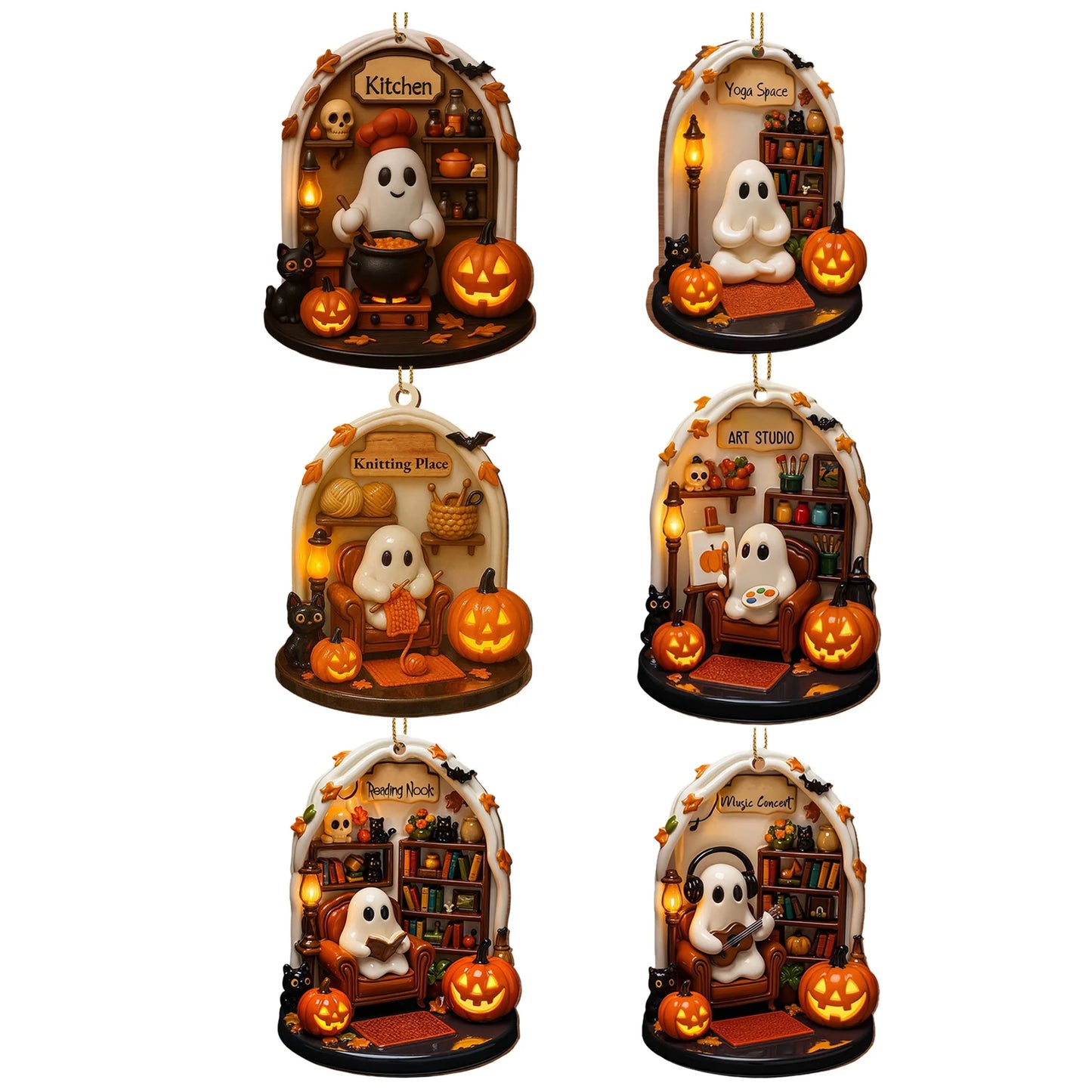 Spooky Halloween Ghosts Ornaments 6 Piece Set - Adorable Flat Hanging Decorations for Home Tree and Holiday Season