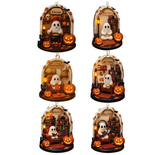 Spooky Halloween Ghosts Ornaments 6 Piece Set - Adorable Flat Hanging Decorations for Home Tree and Holiday Season