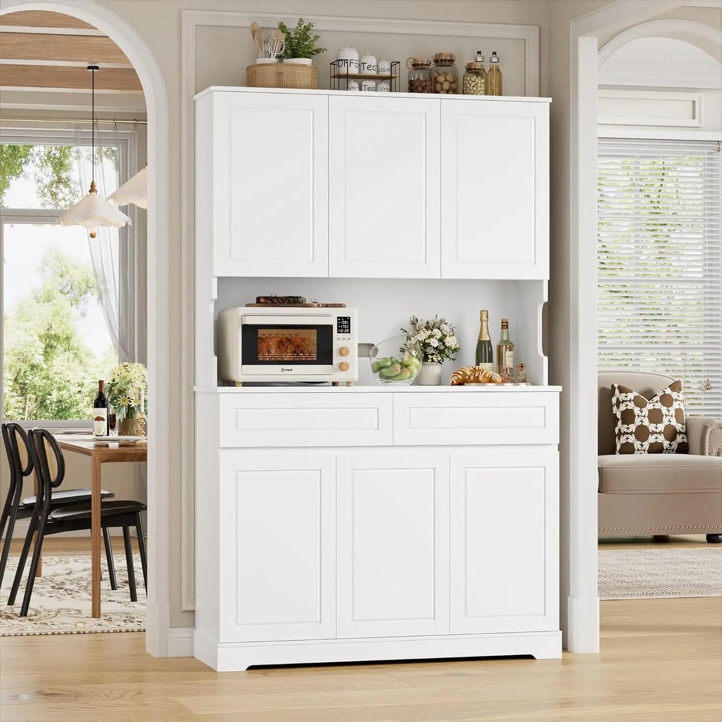 74" Pantry Cabinet, Tall Kitchen Pantry Cabinet with 6 Doors and 2 Drawers, Kitchen Hutch with Wide Countertop