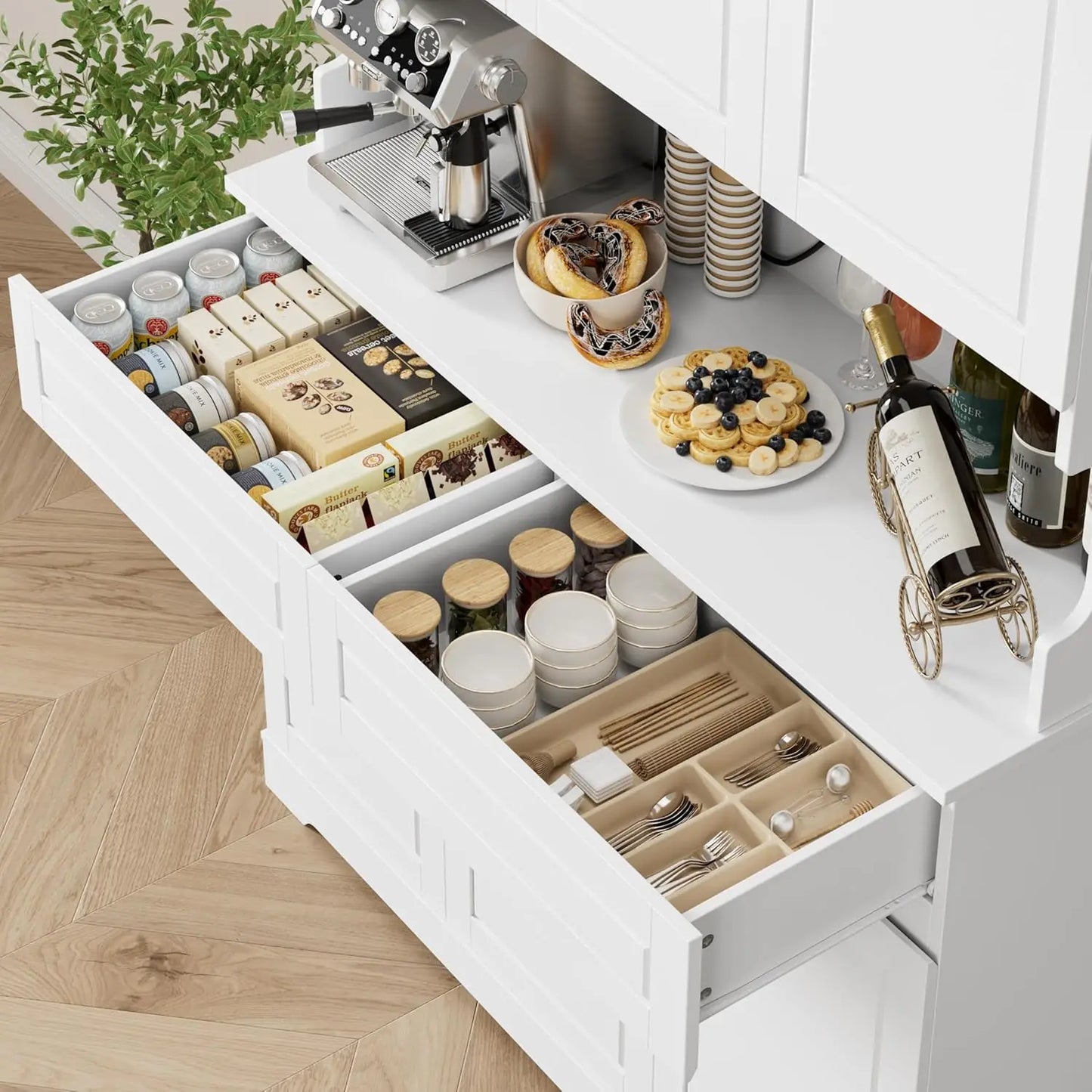 74" Pantry Cabinet, Tall Kitchen Pantry Cabinet with 6 Doors and 2 Drawers, Kitchen Hutch with Wide Countertop