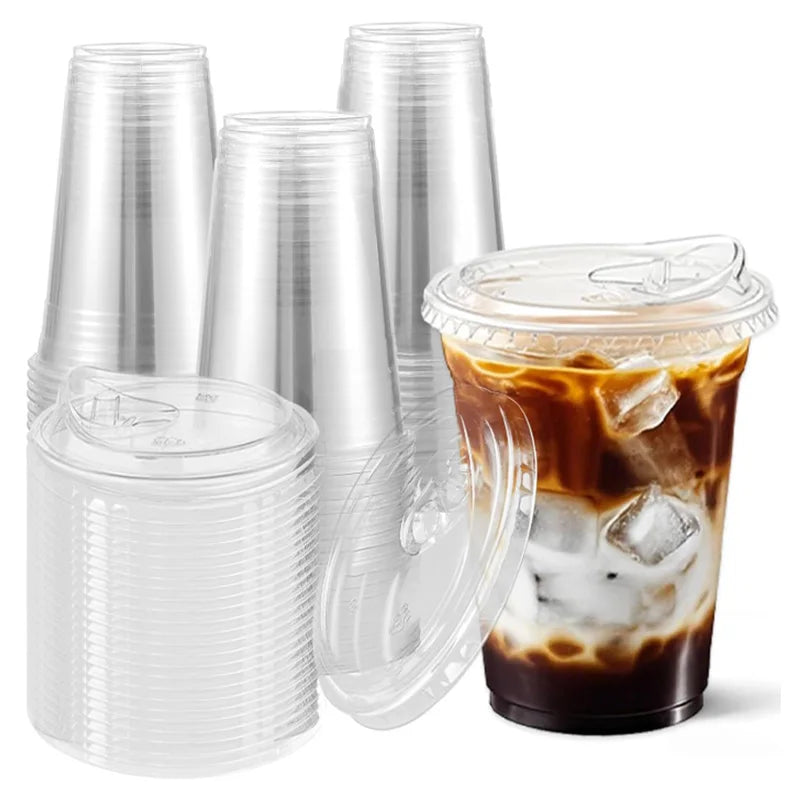 Clear Plastic Cups with Lids 10 Pack, 16 oz Disposable Cups for Iced Coffee Bubble Tea, Durable & Leak-Proof