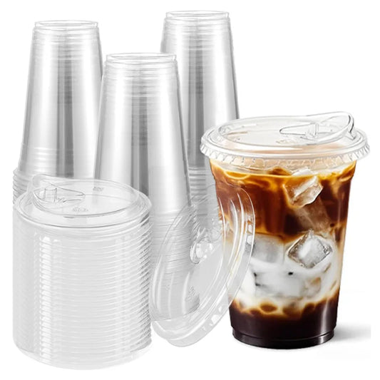 Clear Plastic Cups with Lids 10 Pack, 16 oz Disposable Cups for Iced Coffee Bubble Tea, Durable & Leak-Proof