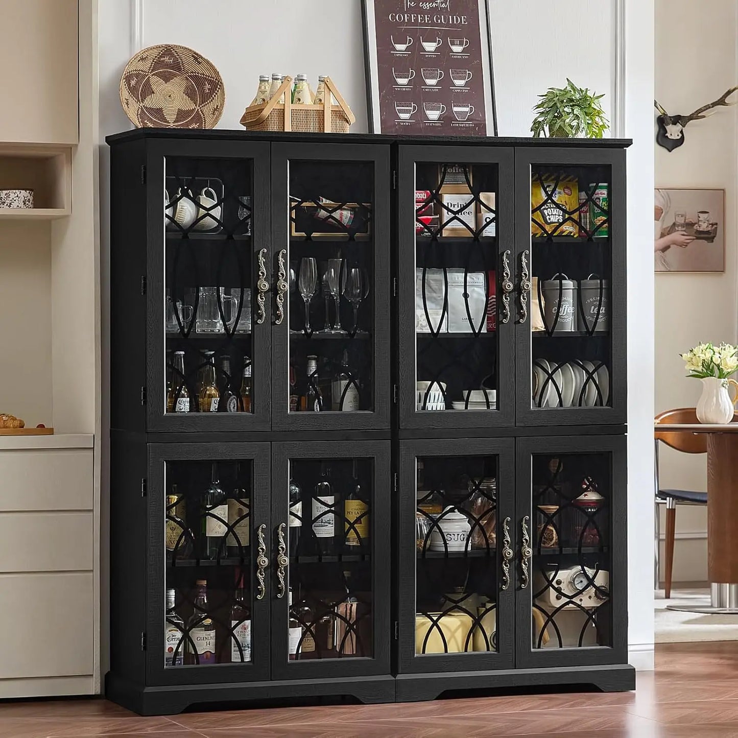 Vintage Wood Pantry Cabinet Set of 2 67 Inch Tall Kitchen Storage with Glass Doors And Adjustable Shelves Customizable