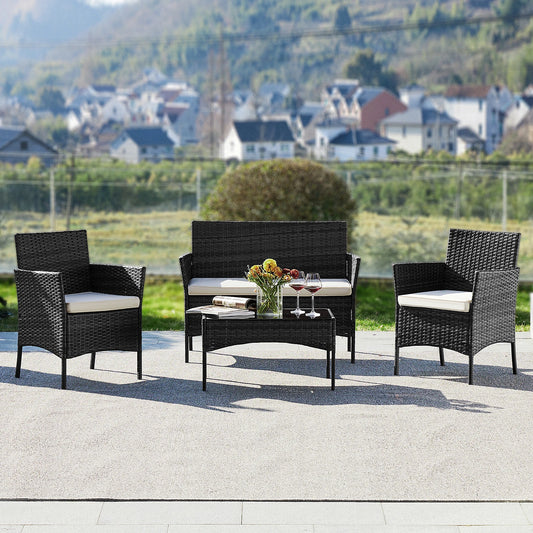 JHK 4 Piece Outdoor Patio Furniture Set with Soft Cushion and Glass Table Manual Weaving Wicker Rattan Patio Chairs For Garden