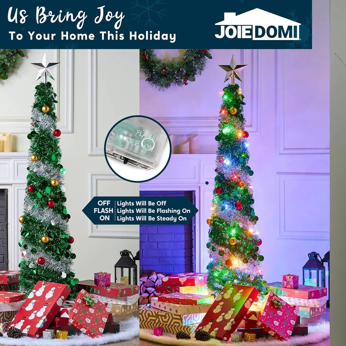 JOYFY 5 FT Pop Up Christmas Green Tree with Lights Collapsible Tinsel Christmas Tree Decorations for Home Holiday Party