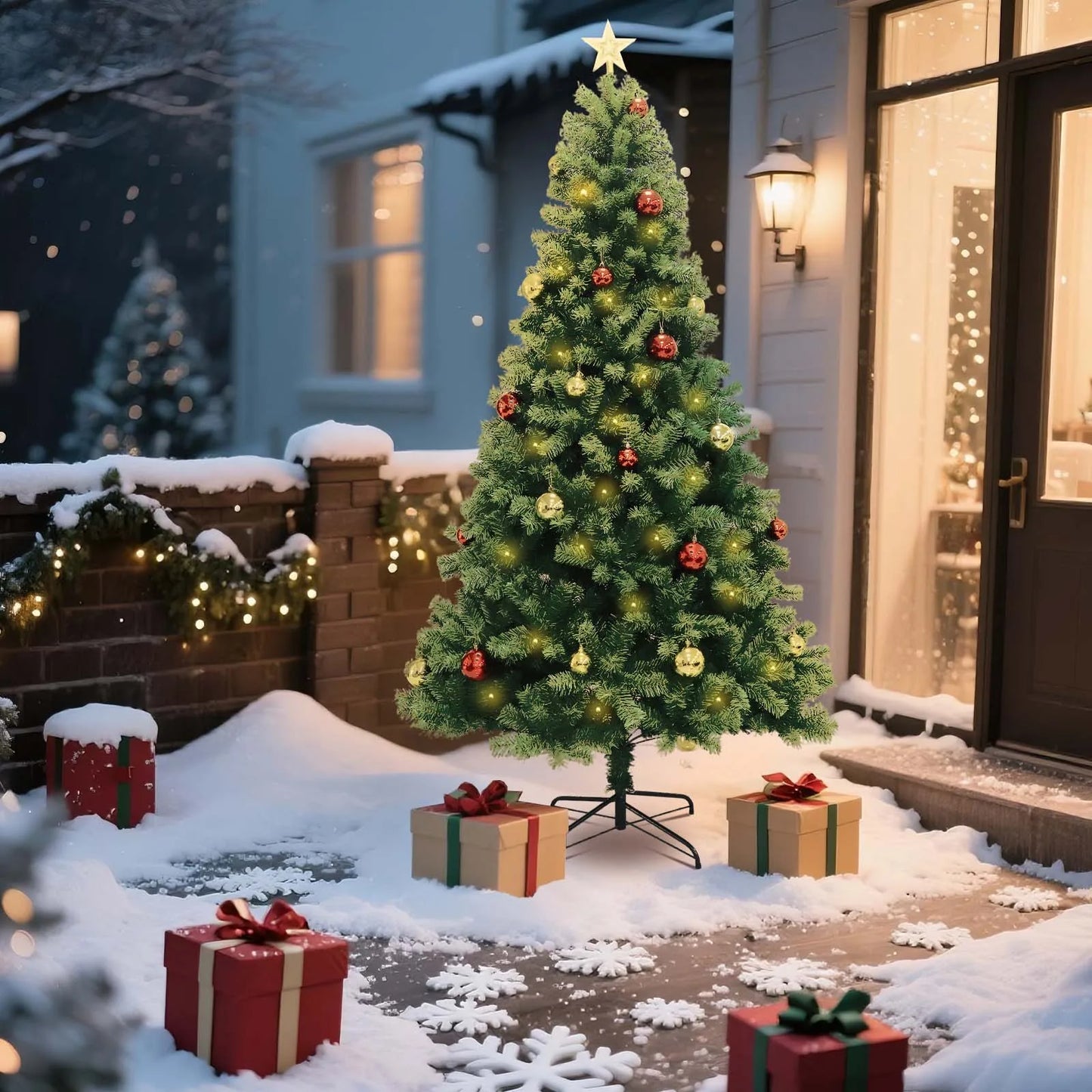 6-7ft Christmas Tree, Artificial Hinged Xmas Tree With LED Lights, 8 Lighting Modes for Home Christmas Decoration