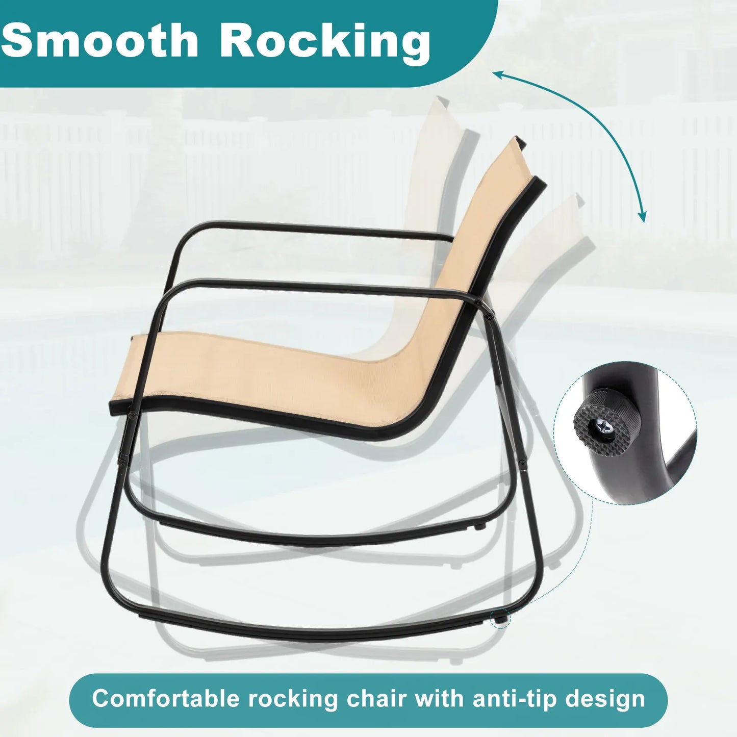 JHK 3 Piece Patio Rocking Furniture Set with Table Outdoor Metal Frame Lumbar Support Mesh Backrest Sectional Balcony Sets