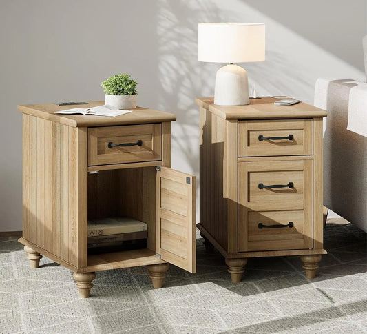 Tall Nightstands with Charging Station Set of 2, Wooden Night Stand with Drawer & Cabinet, Elegant Bedside Table, Customized